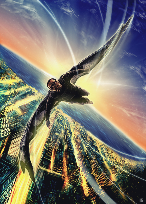1boy, captain_america_the_winter_soldier, city_below, flying, goggles, iduhara_jugo, marvel, mechanical_wings
