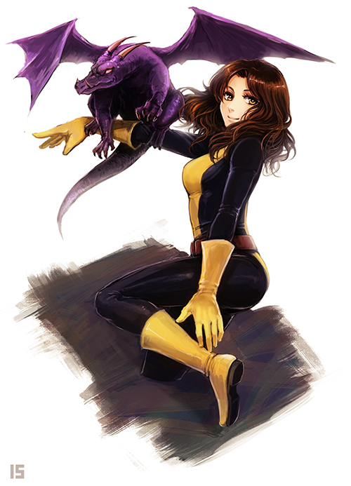 1girl, bodysuit, brown_hair, dragon, gloves, iduhara_jugo, kitty_pryde, lockheed, marvel, shadowcat, x-men, yellow_eyes