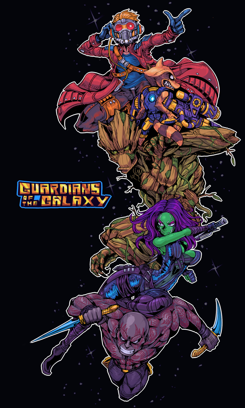 absurdres, dagger, drax_the_destroyer, gamora, groot, guardians_of_the_galaxy, gun, highres