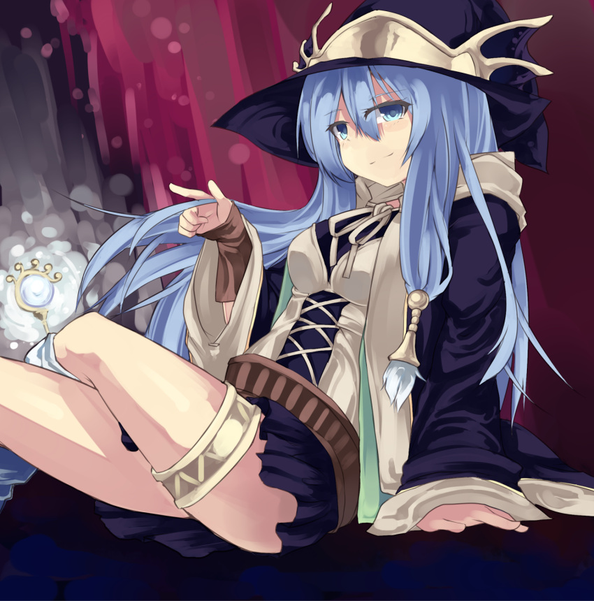 1girl, blue_eyes, blue_hair, crossed_legs, duel_monster, gishki_ariel, hat, highres