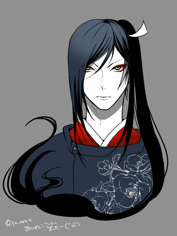1boy, blue_hair, face, grey_background, japanese_clothes, limited_palette, long_hair, looking_at_viewer