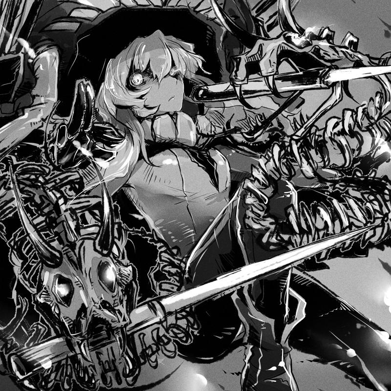 1girl, blade, crossover, fude_(fudeyama), gloves, glowing, glowing_eyes, hat, kantai_collection, long_hair, monochrome, skeleton, touken_ranbu, wo-class_aircraft_carrier