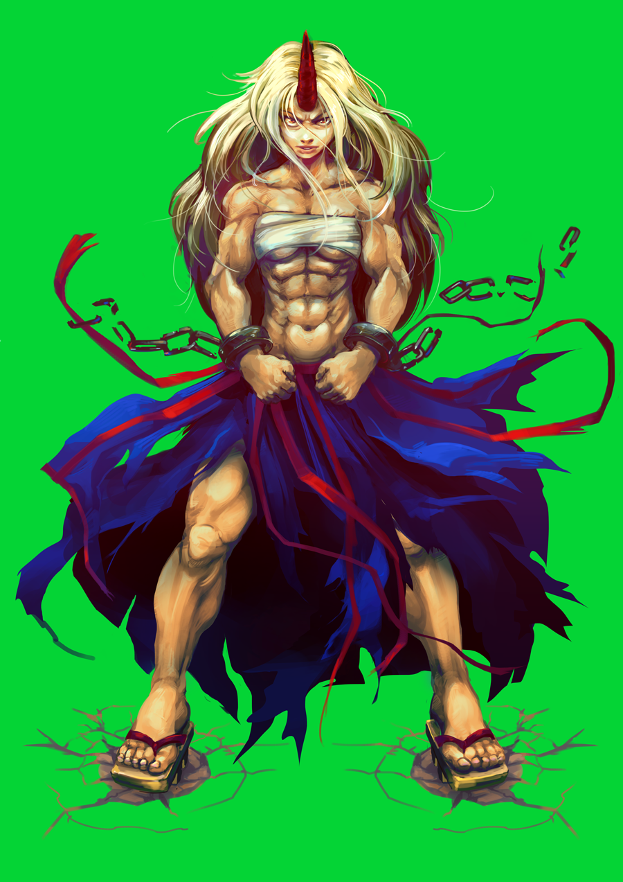 1girl, blonde_hair, broken, broken_chain, chain, geta, highres, horn