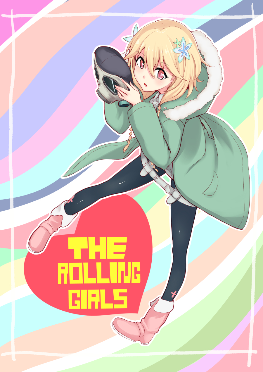 1girl, blonde_hair, braid, coupe50, gas_mask, highres, misono_chiaya, red_eyes