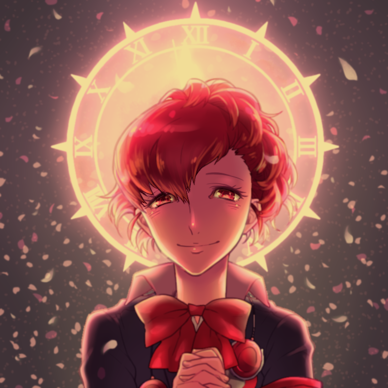 1girl, bow, brown_hair, clock, female_protagonist_(persona_3), hands_clasped, headphones, looking_at_viewer, megu, persona, persona_3, persona_3_portable, petals, red_eyes, short_hair, smile, solo