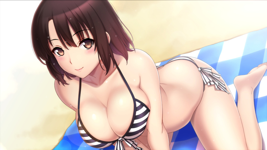 1girl, bikini, blush, breasts, brown_eyes, brown_hair, cleavage, highres