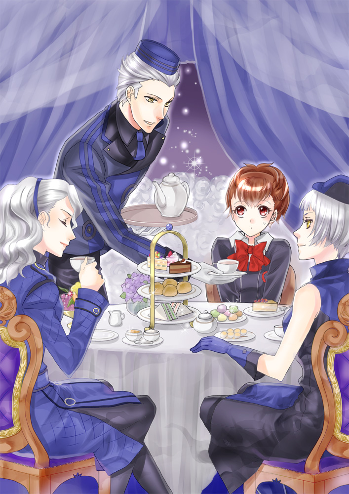 1boy, 3girls, bow, brown_hair, cake, closed_eyes, cup, curtains, elizabeth_(persona), female_protagonist_(persona_3), flower, food, hairband, hat, margaret, morisawa_machi, multiple_girls, necktie, persona, persona_3, persona_3_portable, red_eyes, short_hair, smile, sweatdrop, teacup, teapot, teodor, white_hair, yellow_eyes