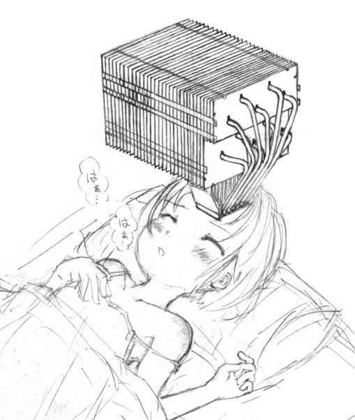1girl, blush, closed_eyes, heat_sink, monochrome, sketch, under_covers, what
