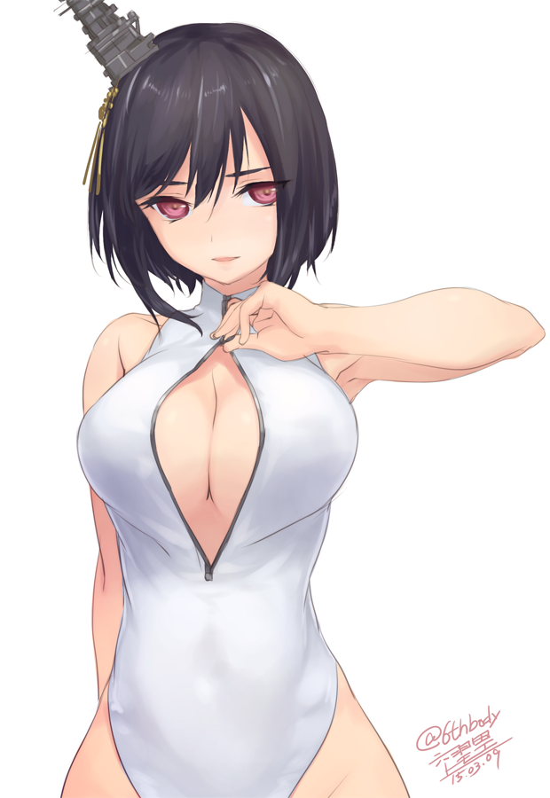 1girl, black_hair, blush, breasts, cleavage, front_zipper_swimsuit, hair_ornament, kantai_collection