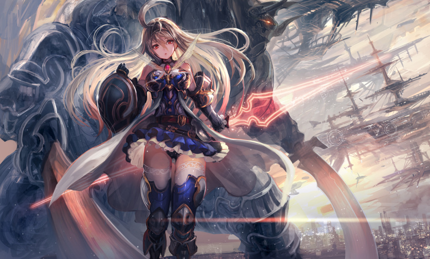 1girl, airship, armor, armored_dress, bare_shoulders, belt, black_panties, blonde_hair