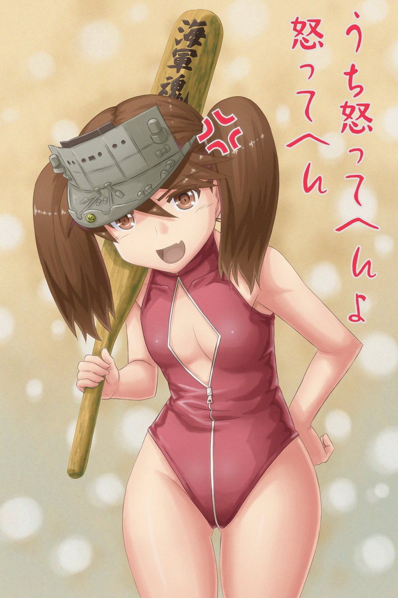 1girl, anger_vein, baseball_bat, brown_eyes, brown_hair, front_zipper_swimsuit, highres, kantai_collection, long_hair, one-piece_swimsuit, ryuujou_(kantai_collection), standing, sunago, swimsuit, translation_request, twintails, visor_cap
