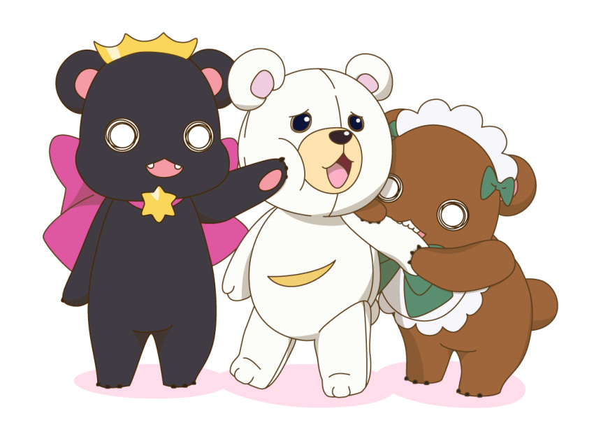 1boy, 2girls, bear, bullying, crossover, crown, maid_headdress, multiple_girls