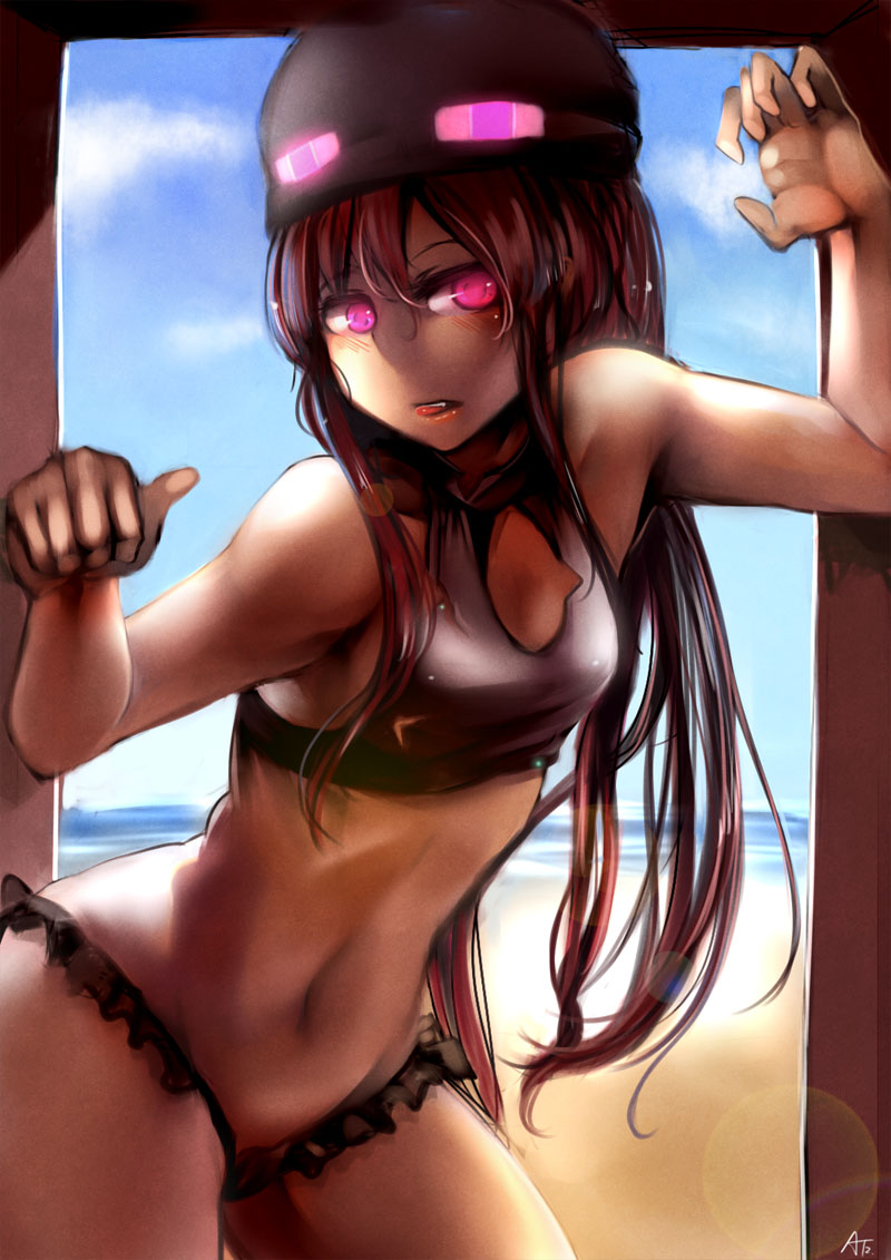 1girl, ander_(at2.), at2., backlighting, bangs, beach, bikini, brown_hair