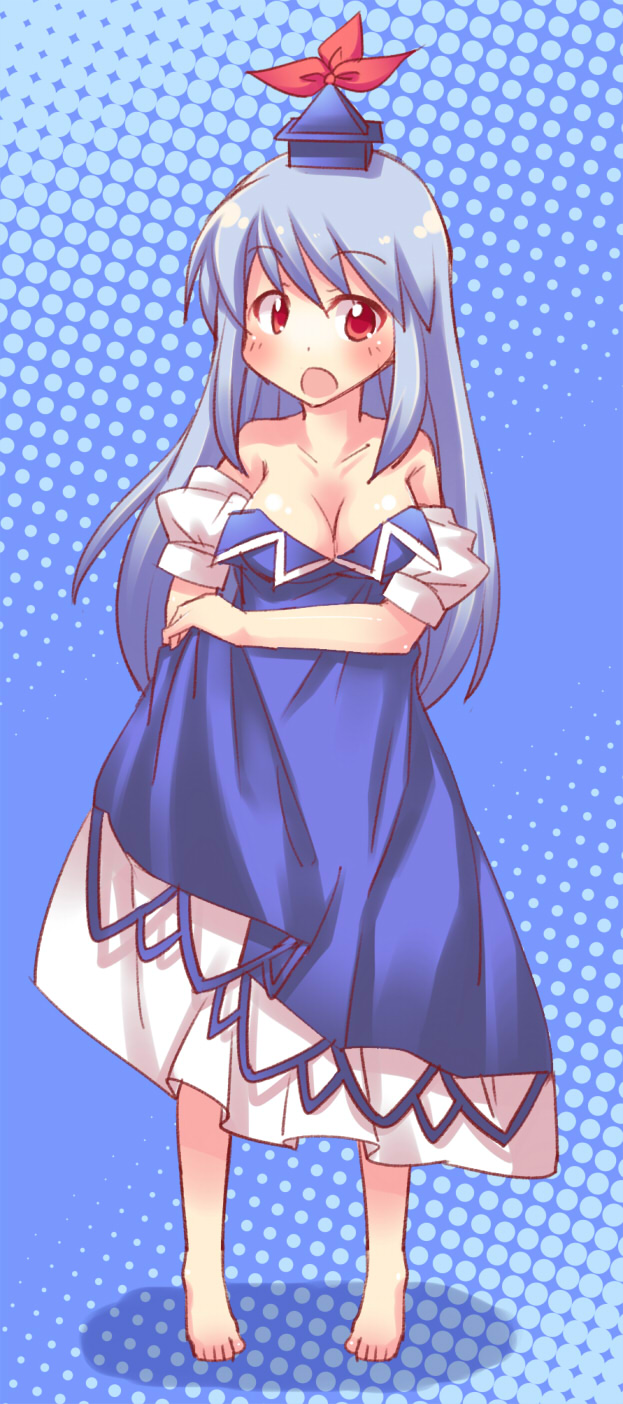 1girl, barefoot, blue_eyes, blush, breasts, collarbone, hat, highres