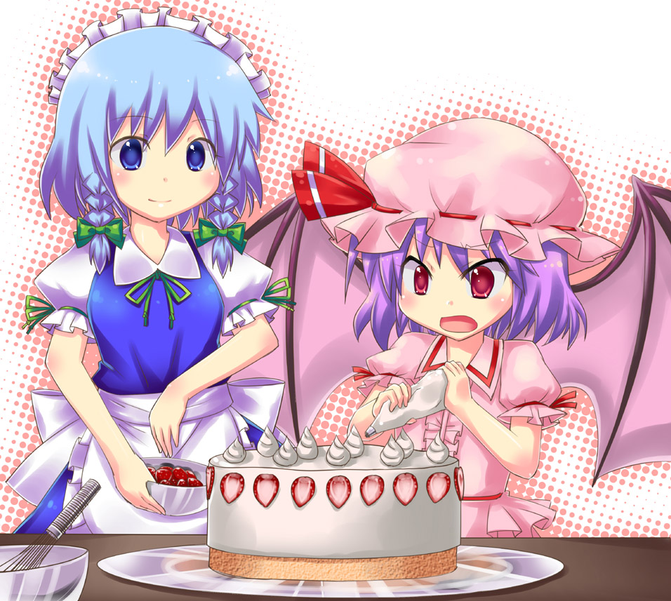2girls, apron, bat_wings, blue_eyes, bow, braid, cake, cooking