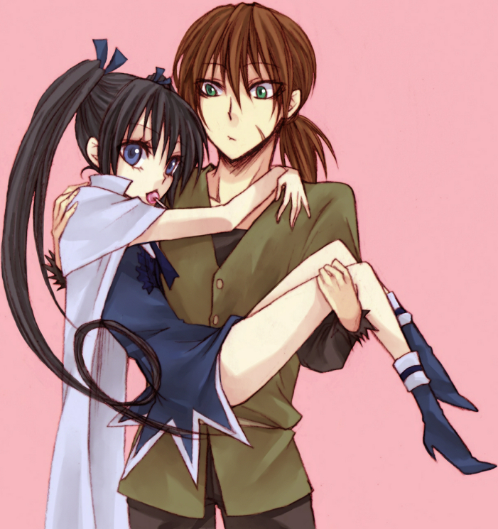 1boy, 1girl, aqua_(material_puzzle), black_hair, brown_hair, candy, carrying, green_eyes
