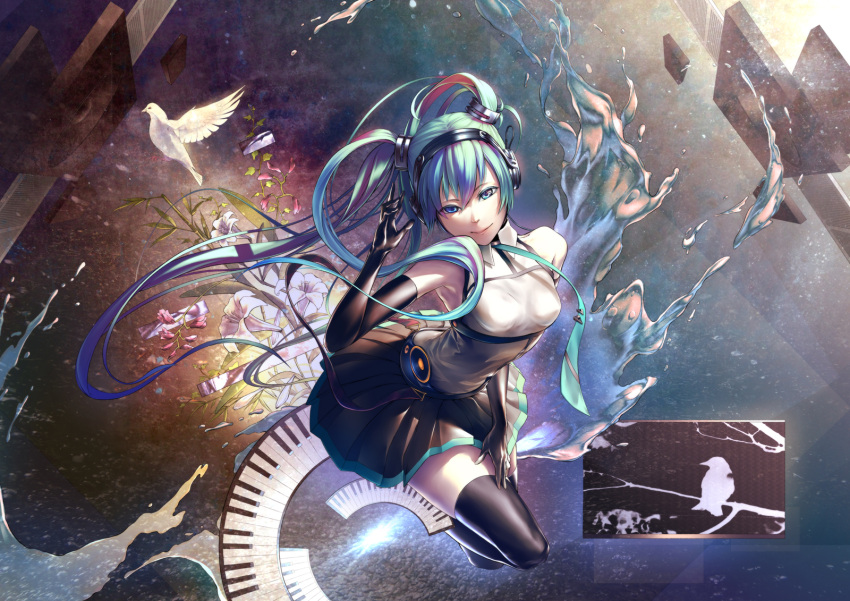 1girl, aqua_eyes, aqua_hair, bird, elbow_gloves, flower, gloves, hand_on_headphones