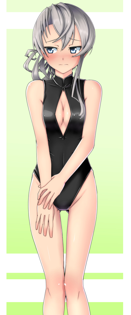 0625a, 1girl, blush, breasts, cleavage, cleavage_cutout, embarrassed, front_zipper_swimsuit