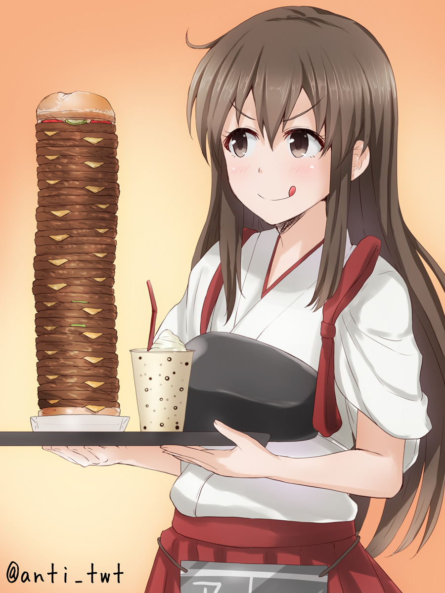 >:), 1girl, akagi_(kantai_collection), anti_(untea9), breasts, brown_eyes, brown_hair, cheese