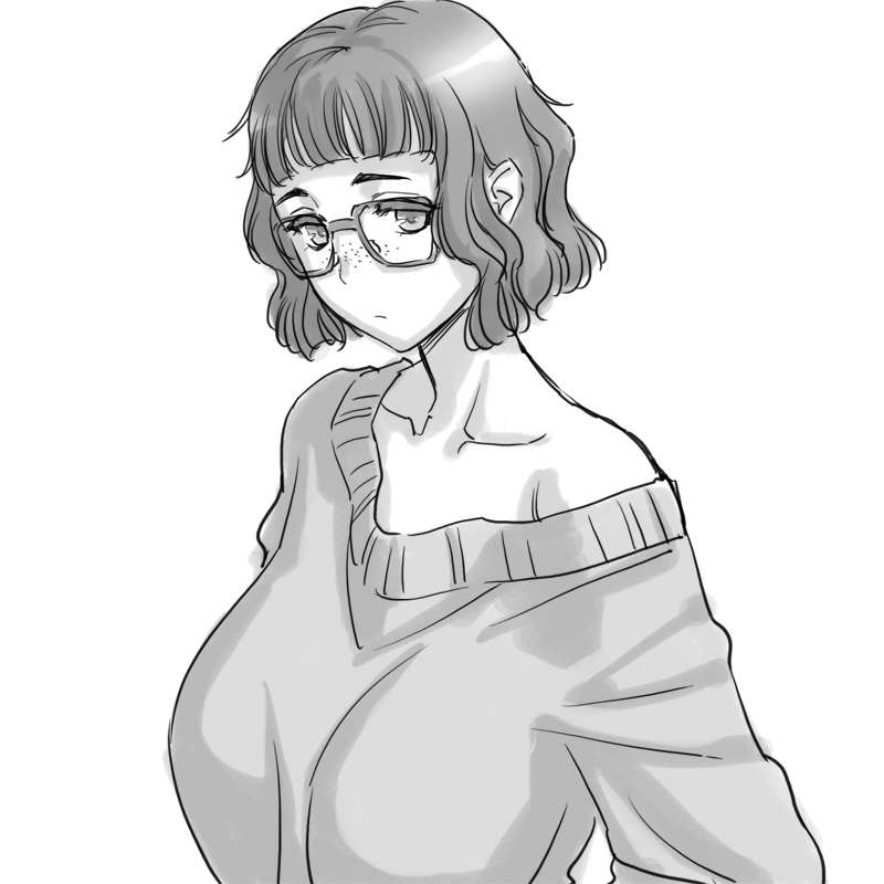 1girl, alternate_breast_size, bangs, breasts, collarbone, freckles, glasses, large_breasts