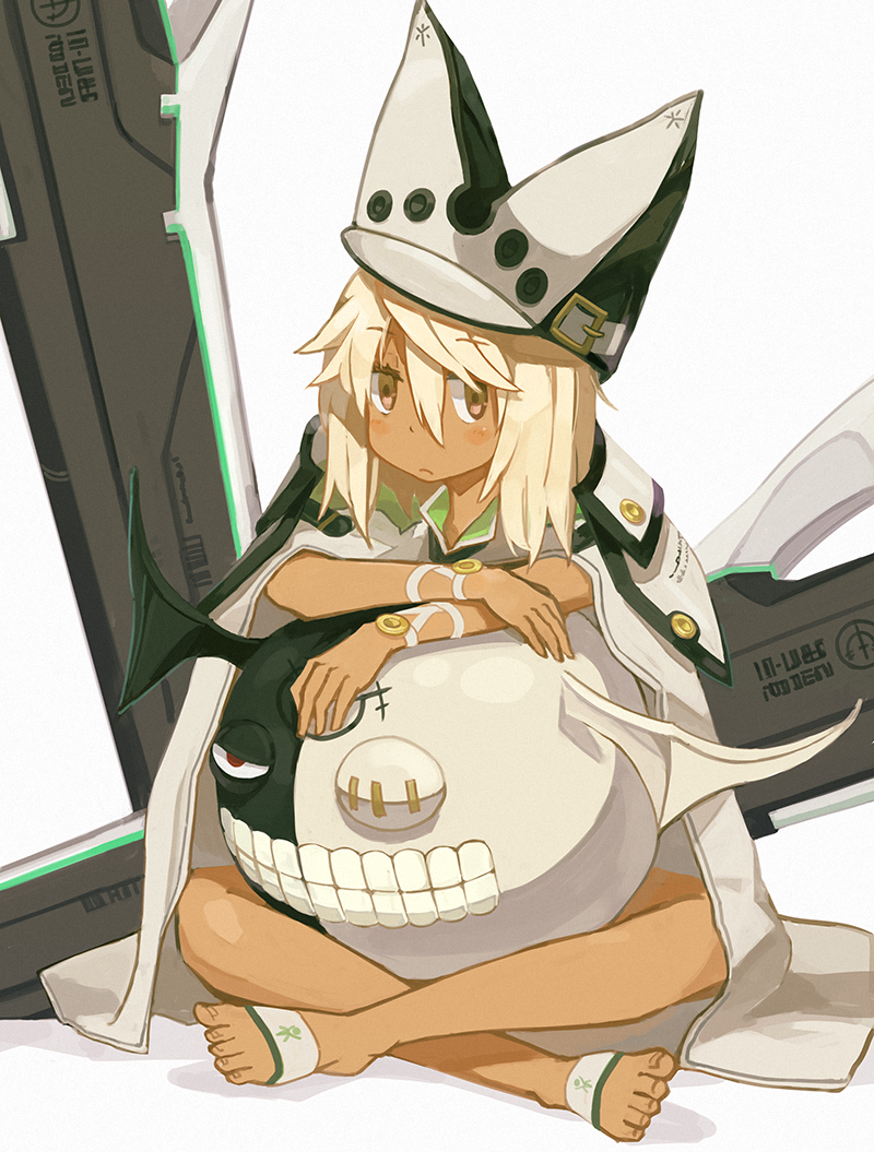 1girl, amoranorem, barefoot, blonde_hair, brown_eyes, cloak, dark_skin, guilty_gear