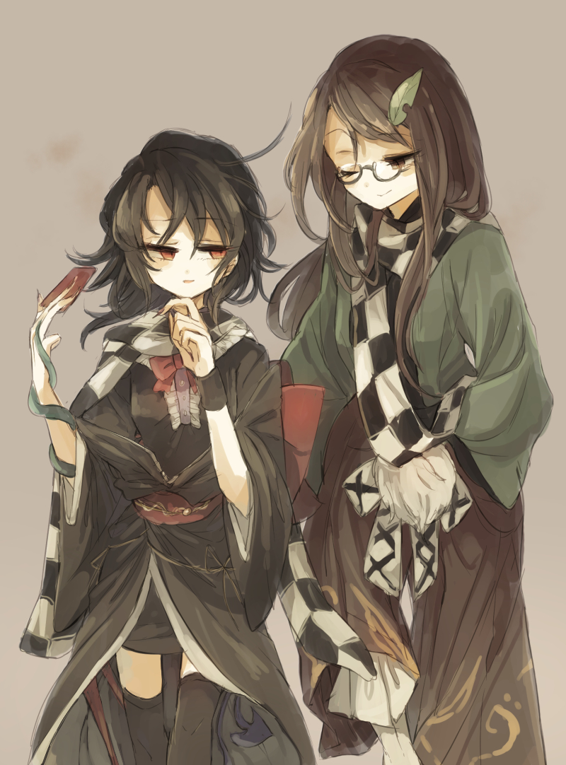 2girls, animal, black_hair, bow, brown_eyes, brown_hair, checkered, checkered_scarf