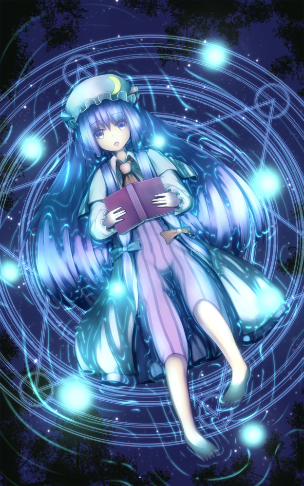 1girl, book, crescent, hat, long_hair, magic_circle, mob_cap, open_mouth, partially_submerged, patchouli_knowledge, purple_hair, soaked, tanikawa, touhou, violet_eyes, water, wet, wet_clothes