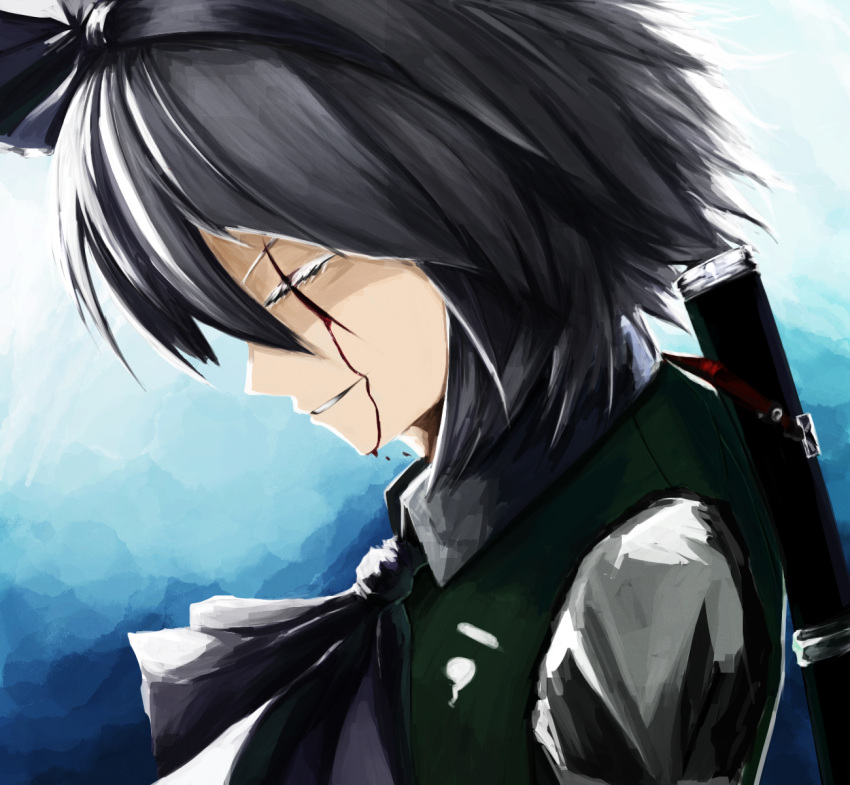 1girl, ascot, blood, blood_on_face, blue_background, closed_eyes, eyelashes, gradient, gradient_background, grin, hair_ribbon, haymanc, head_tilt, highres, konpaku_youmu, profile, ribbon, scabbard, sheath, short_hair, silver_hair, smile, solo, touhou, vest