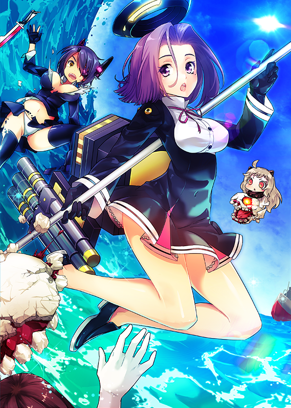 3girls, ahoge, blood, eyepatch, fingerless_gloves, gloves, halberd, headgear, kantai_collection, lens_flare, mechanical_halo, midriff, monster, multiple_girls, nansui, navel, northern_ocean_hime, open_mouth, pale_skin, panties, polearm, purple_hair, red_eyes, shinkaisei-kan, sword, tatsuta_(kantai_collection), tenryuu_(kantai_collection), thigh-highs, torn_clothes, underwear, violet_eyes, weapon, white_hair, yellow_eyes