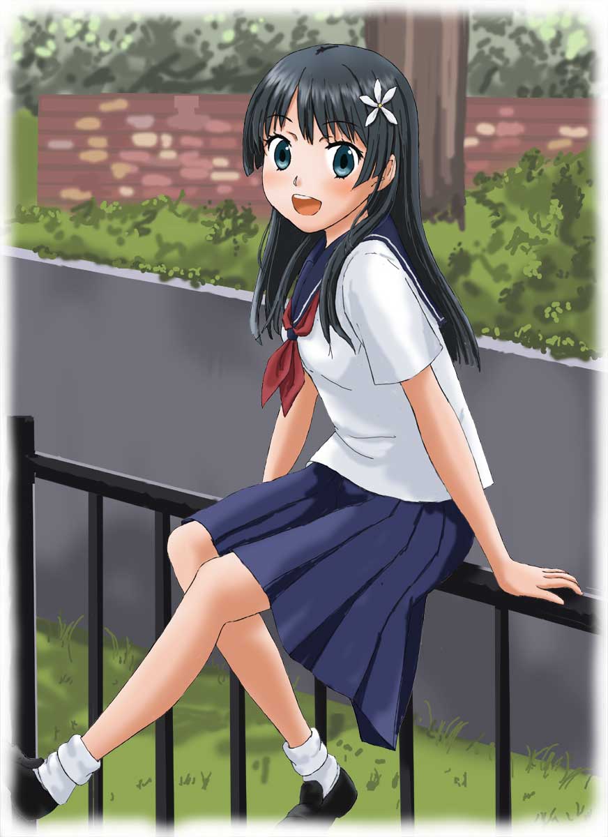 1girl, black_hair, flower, green_eyes, hair_flower, hair_ornament, highres, kamosikayasyamoji