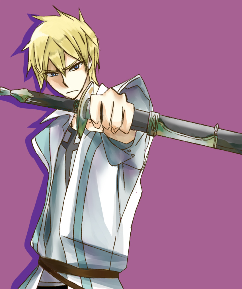 1boy, alfonso_san_valiante, belt, blonde_hair, blue_eyes, garo:honoo_no_kokuin, garo_(series), highres, male, outstretched_arm, short_hair, solo, spiky_hair, sword, vest, weapon
