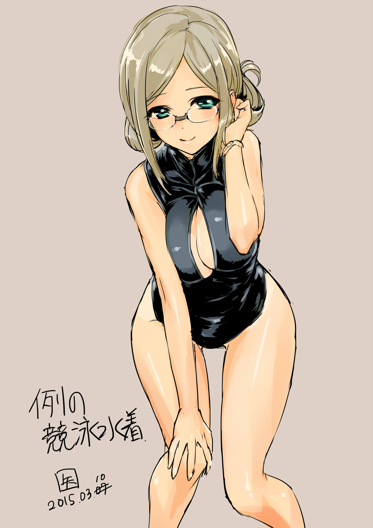 1girl, folded_ponytail, front_zipper_swimsuit, glasses, green_eyes, highres, kantai_collection, katori_(kantai_collection)