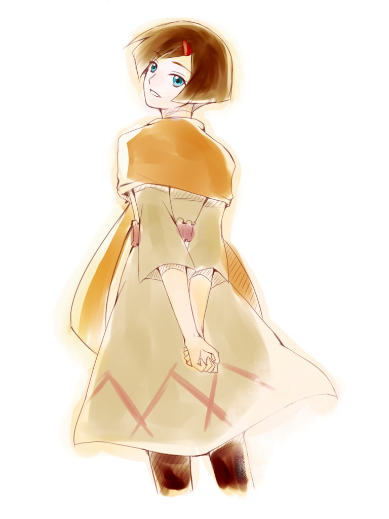 1girl, arms_behind_back, blue_eyes, brown_hair, dress, female, garo:honoo_no_kokuin, garo_(series), hair_ornament, hairclip, lara_(garo:honoo_no_kokuin), looking_at_viewer, looking_back, pantyhose, short_hair, smile, solo, white_background