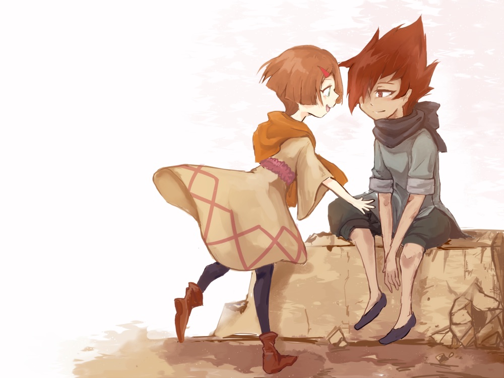 1boy, 1girl, blush, brown_hair, dress, female, garo:honoo_no_kokuin, garo_(series)