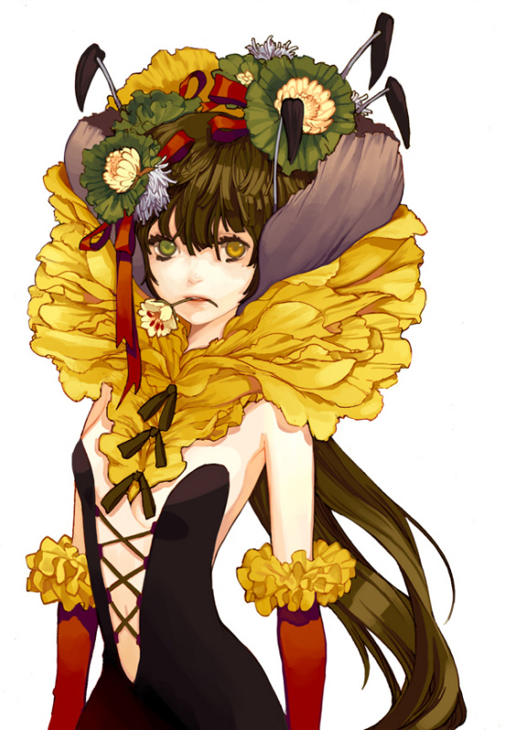 brown_hair, flower, frills, heterochromia, long_hair, mouth_hold, original, serenade_(pixiv556801)