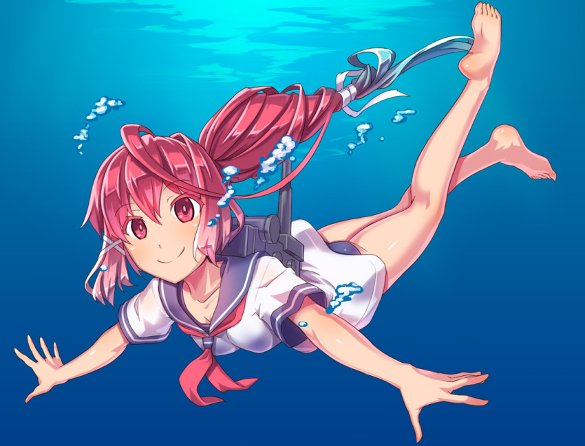 1girl, ahoge, air_bubble, barefoot, gradient_hair, huge_ahoge, i-58_(kantai_collection), kantai_collection