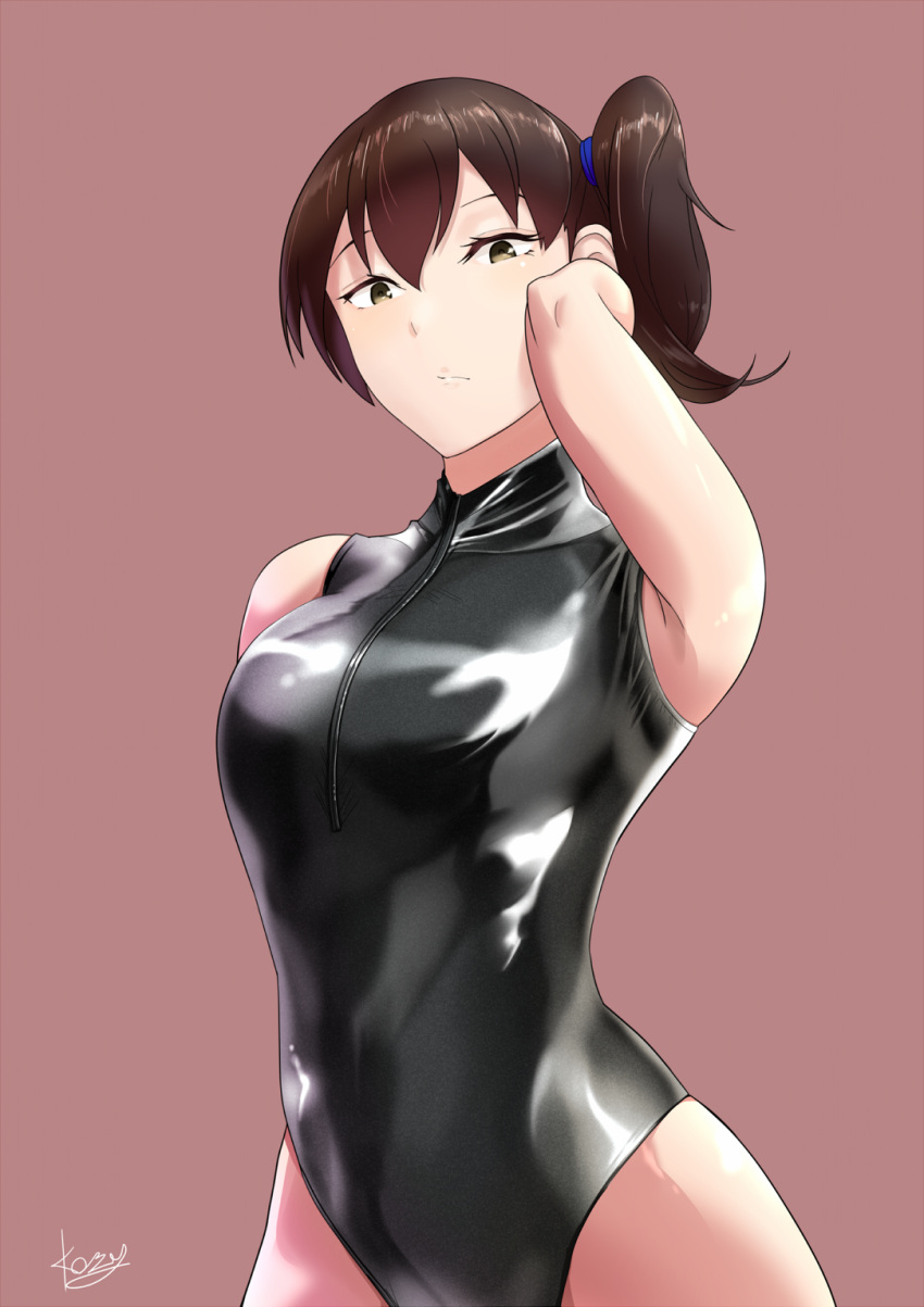 brown_hair, front_zipper_swimsuit, highres, kaga_(kantai_collection), kantai_collection, kozy, side_ponytail