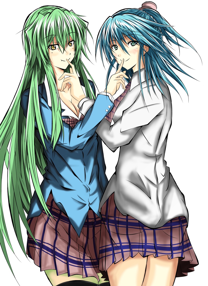 2girls, aizawa_nagisa_(jitsu_wa_watashi_wa), alien, blue_hair, breasts, cleavage, cowboy_shot, finger_to_another's_mouth