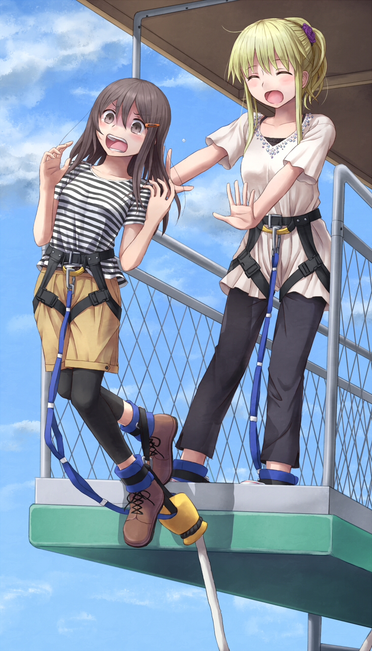 2girls, blonde_hair, brown_eyes, brown_hair, bungee_jumping, capri_pants, closed_eyes, clouds, flower, hair_flower, hair_ornament, hairclip, harness, highres, leggings, long_hair, multiple_girls, original, pants, payot, pushing, shirt, shorts, sky, striped, striped_shirt, tears, yuyuzuki_(yume_usagi)