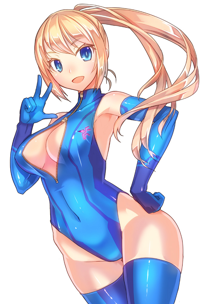 1girl, blonde_hair, blue_eyes, blue_gloves, blue_legwear, blush, breasts, cleavage