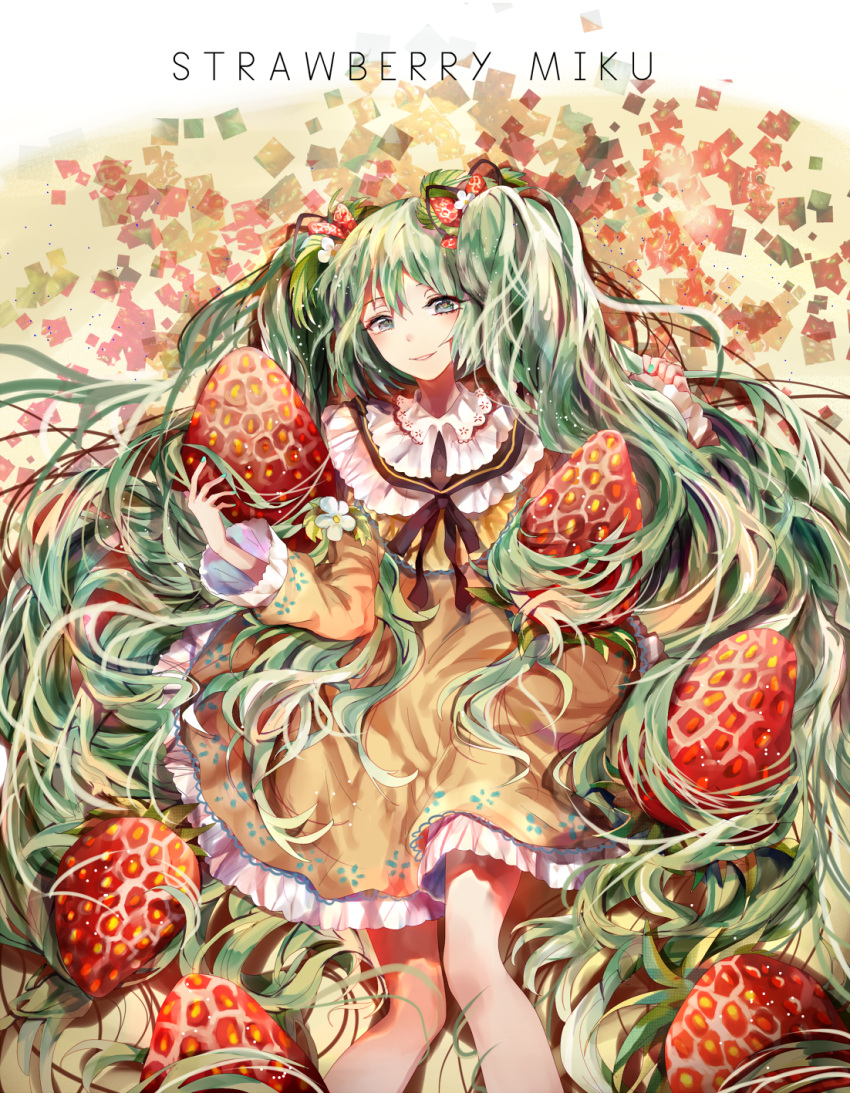 1girl, aqua_eyes, aqua_hair, aqua_nails, bangs, dress, flower, food