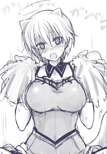 1girl, animal_ears, breasts, cheerleader, large_breasts, nikka_edvardine_katajainen, null_(nyanpyoun), open_mouth