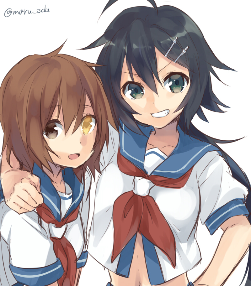 2girls, ahoge, arm_over_shoulder, black_hair, brown_eyes, furutaka_(kantai_collection), grin, hair_ornament