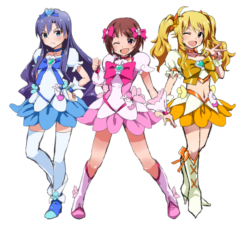 3girls, amami_haruka, black_hair, blonde_hair, blue_eyes, blue_skirt, blush, brown_eyes