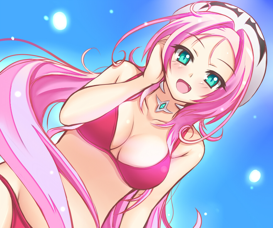 1girl, aqua_eyes, bikini, blush, breasts, dansa, dra+koi, fang