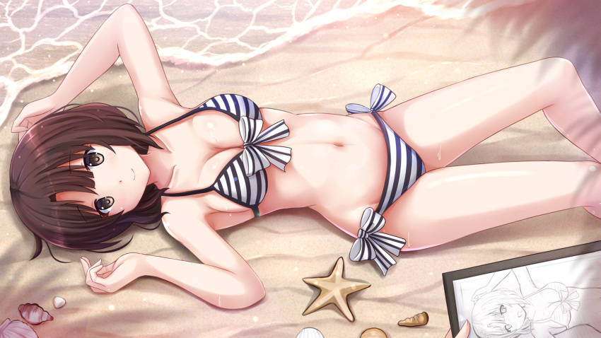 1girl, armpits, bare_legs, breasts, brown_eyes, brown_hair, cleavage, conch