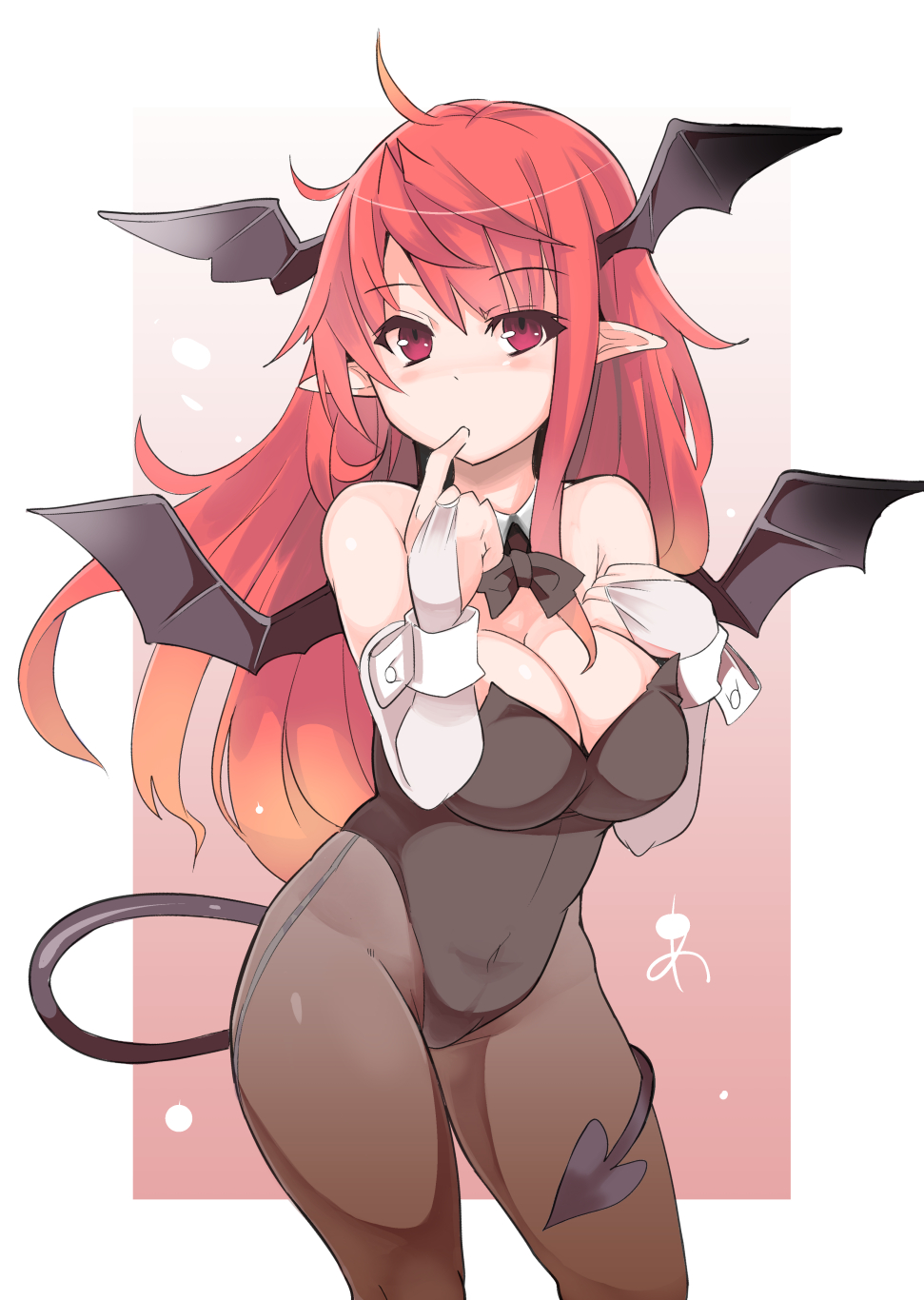 1girl, ahoge, bare_shoulders, black_legwear, breasts, bridal_gauntlets, cleavage, demon_girl
