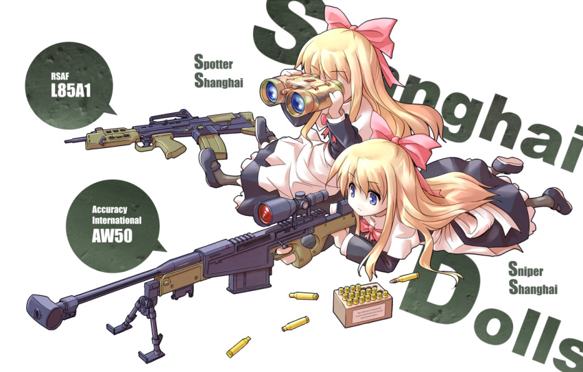 binoculars, blonde_hair, blue_eyes, bullet, doll, gun, long_hair, mary_janes