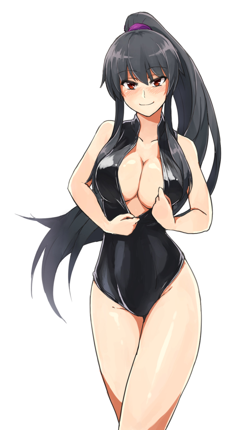 1girl, black_hair, front_zipper_swimsuit, highres, kantai_collection, long_hair, one-piece_swimsuit, open_fly, ponytail, red_eyes, swimsuit, tebukuro_withana, unzipped, yahagi_(kantai_collection)