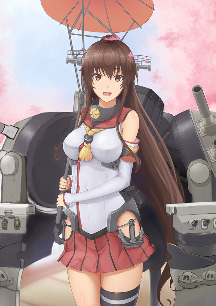 1girl, anchor, black_legwear, blue_sky, breasts, brown_eyes, brown_hair, cannon